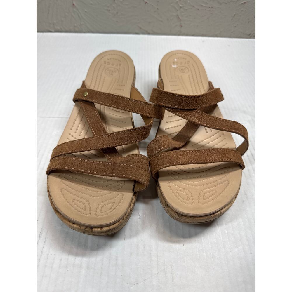 Crocs A-Leigh Cork Rawhide‎ Brown Leather Strappy Low Wedge Sandals Womens Sz 11
